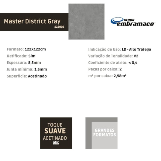 Porcelanato Embramaco Master District Gray Acetinado 122x122cm Retificado - Imagem principal - d898cc46-0327-4f2c-aa99-dc5ef6e6b678