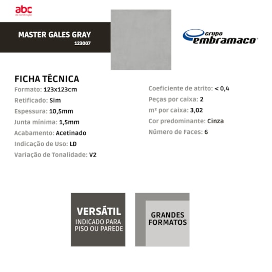 Porcelanato Embramaco Master Gales Gray Acetinado 123x123cm Retificado - Imagem principal - ffa915e8-0ce5-4845-b3ce-e9fd1ee12815