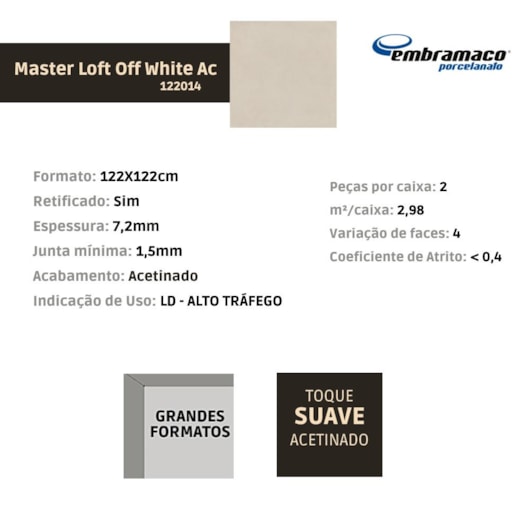 Porcelanato Embramaco Master Loft Off White Acetinado 122x122cm Retificado - Imagem principal - ce0776a4-85fc-402c-b66b-b3312d6b929c