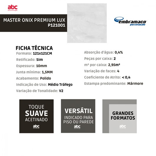 Porcelanato Embramaco Master Onix Premium Lux Polido 121x121cm Branco Retificado  - Imagem principal - 1b977c31-2e6d-4c64-9a08-b3cfe5f9bafd