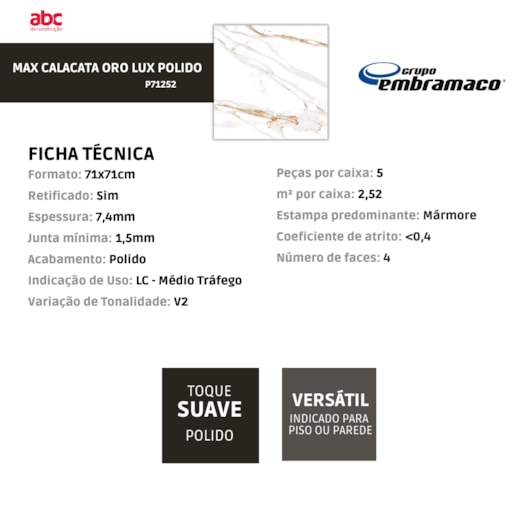 Porcelanato Embramaco Max Calacata Oro Lux P71252 71x71cm Retificado - Imagem principal - f60d789d-85a0-49a6-888f-2bcb6fd181c1