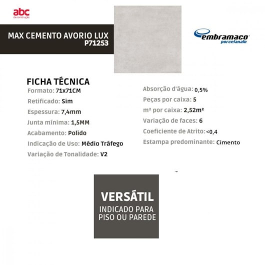 Porcelanato Embramaco Max Cemento Avorio Lux P71253 Polido 71x71cm Retificado - Imagem principal - 9e6b809b-fa00-4115-9d99-35d7afcd2733