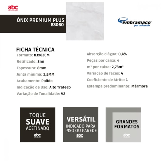 Porcelanato Embramaco Ônix Premium Plus Mármore Acetinado 83x83cm Retificado  - Imagem principal - 147e99d4-2038-4ffc-bde4-c57725908f26