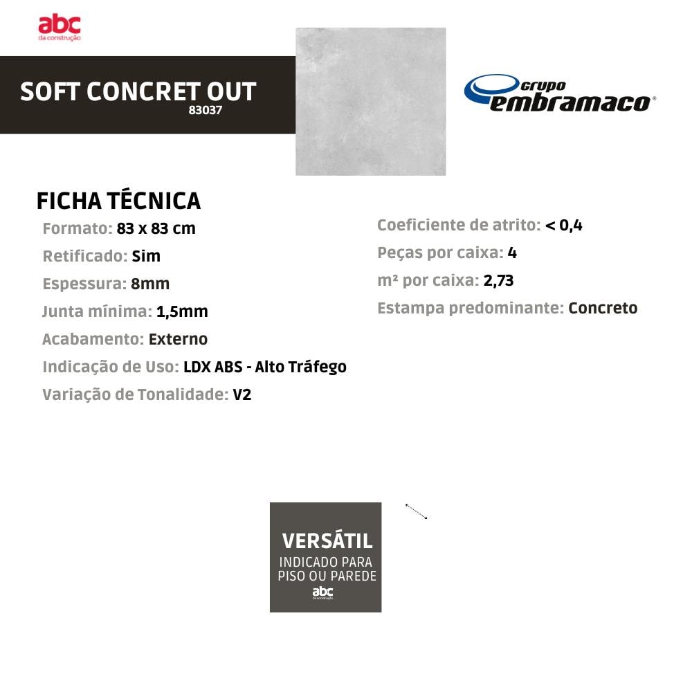 Porcelanato Embramaco Soft Concret Out 83037 Cinza Externo 83x83cm