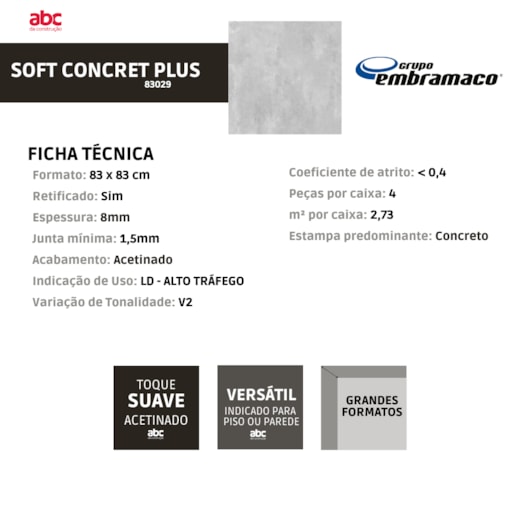 Porcelanato Embramaco Soft Concret Plus Cinza Acetinado 83x83cm Retificado - Imagem principal - a27d5442-5263-4180-b8f6-0f77fdcb7fda