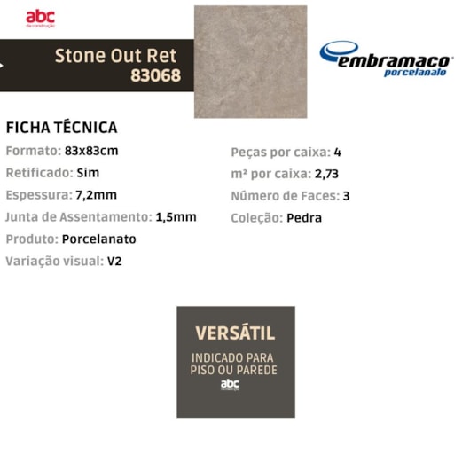 Porcelanato Embramaco Stone Out 83068 83x83cm Retificado - Imagem principal - 42c2e767-d35d-4b29-be51-716019d104f5