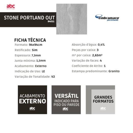 Porcelanato Embramaco Stone Portland Out Externo 94x94cm Retificado  - Imagem principal - 574c9e03-c5d9-4e07-8978-fb9437dd8a7f