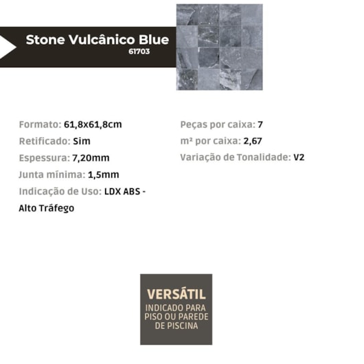Porcelanato Embramaco Stone Vulcânico Blue 61,8x61,8cm Retificado - Imagem principal - 5c696dd8-7c57-47a1-a3ed-ce3fc3deea68