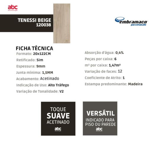 Porcelanato Embramaco Tenessi Beige 20x122cm Retificado - Imagem principal - e54292e7-509a-4cbd-b474-21d18a0d734a
