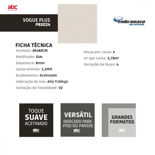 Porcelanato Embramaco Vogue Plus 83024 Acetinado 83x83cm Retificado - Imagem principal - 2664b6eb-647a-4a1a-86b8-79bb1b6cc784