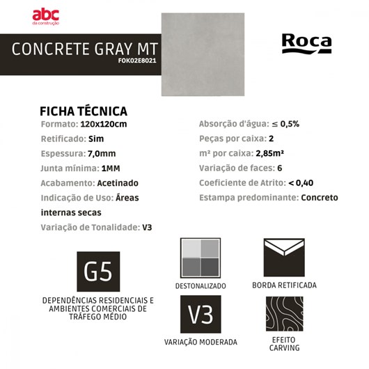Porcelanato Esmaltado 120x120cm Retificado Concrete Gray Acetinado Roca - Imagem principal - 97f22caf-ec8d-488d-8777-370cfe8a1f0d