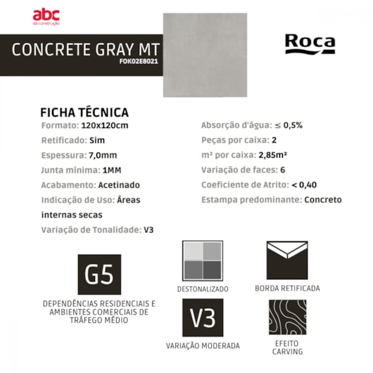 Porcelanato Esmaltado 120x120cm Retificado Concrete Gray Acetinado Roca - Imagem principal - 0f9d4212-0423-40c8-82b0-c99a47186e97