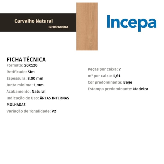 Porcelanato Incepa Carvalho Natural Acetinado 20x120cm Retificado - Imagem principal - 985bb623-9a71-48ce-9b70-88f671e531b0