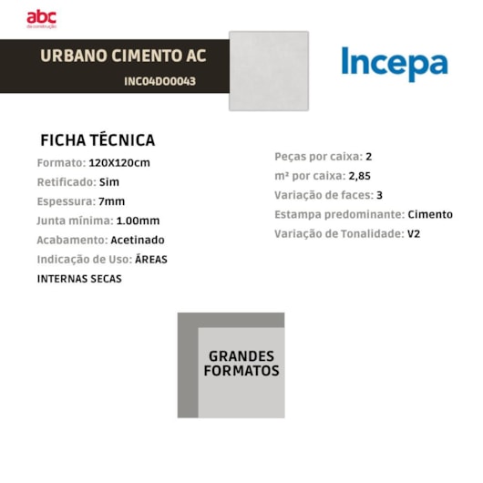 Porcelanato Incepa Lm Urbano Cimento Acetinado 120x120cm Retificado - Imagem principal - a8fb136f-44b4-417f-bf19-f872cc67778a