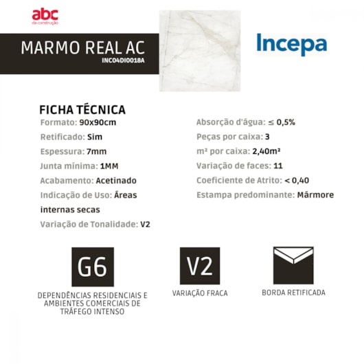 Porcelanato Incepa Marmo Real Acetinado 90x90cm Retificado  - Imagem principal - cdbb7d0b-a103-4602-862a-1018ac81bdcc