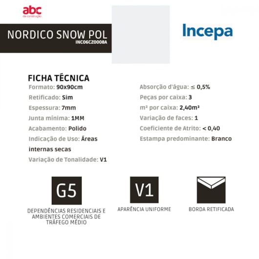 Porcelanato Incepa Nordico Snow Polido 7mm 90x90cm Retificado - Imagem principal - 5489af52-705c-4540-ae1e-0f511a98056b
