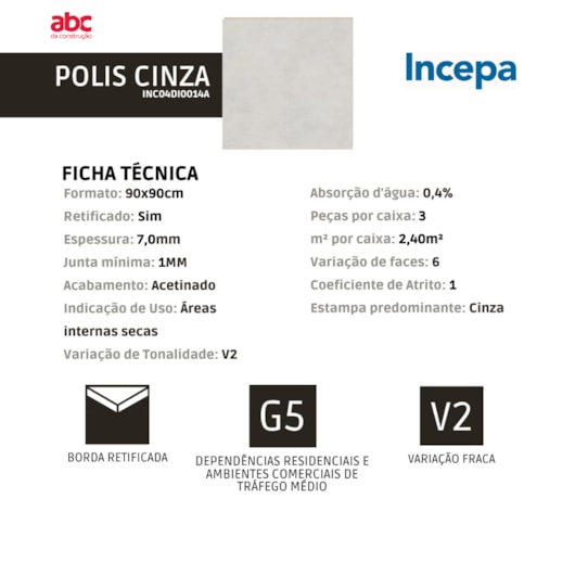 Porcelanato Incepa Polis Acetinado Cinza 90x90cm Retificado - Imagem principal - 1709b8fa-1949-4130-81b4-3712dc2eaef8