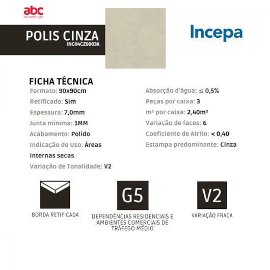 Porcelanato Incepa Polis Cinza Polido 90x90cm Retificado  - Imagem principal - 8f095e82-2056-4b7a-af1d-9767071b3269