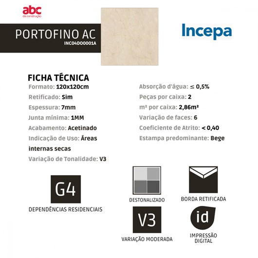 Porcelanato Incepa Portofino Acetinado Incepa 120x120cm Retificado - Imagem principal - d3e63864-80f0-4e47-a2dc-38afc4121203
