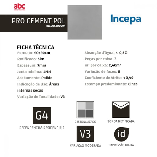 Porcelanato Incepa Pro Cement Polido 7mm 90x90cm Retificado - Imagem principal - f35aada1-db45-47dd-a73a-7f50b46358d2