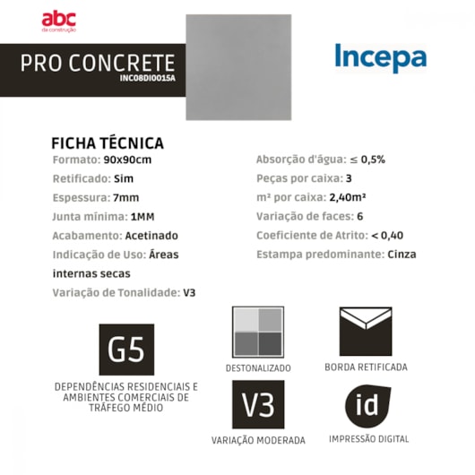 Porcelanato Incepa Pro Concrete Acetinado 7mm 90x90cm Retificado - Imagem principal - 1dfce27a-22ac-4fba-a0c8-17020ad968a8