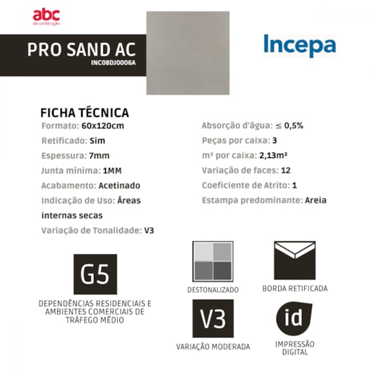 Porcelanato Incepa Pro Sand Acetinado 7mm 60x120cm Retificado - Imagem principal - 6da5a82e-d75e-4418-912a-4a11e997dafe