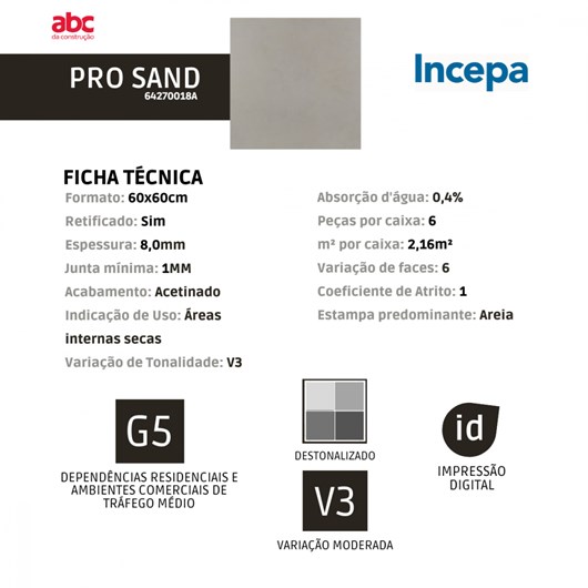 Porcelanato Incepa Pro Sand Bege Acetinado 60x60cm Retificado  - Imagem principal - 25777875-47cd-4b27-8ea3-fd93d6fb8304