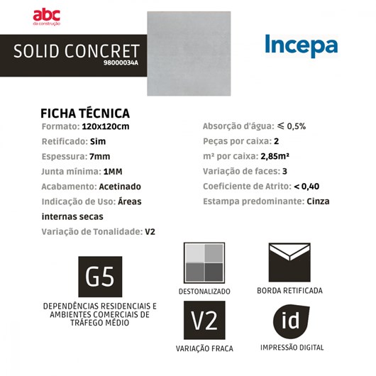 Porcelanato Incepa Solid Concret Acetinado 120x120cm Cinza Retificado  - Imagem principal - 84aa23b2-1646-4216-8204-054b65e3ecc4