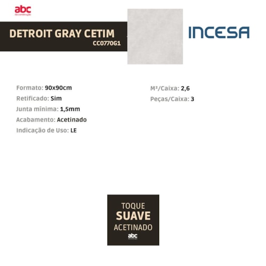 Porcelanato Incesa Detroit Gray Cetim Acetinado 90x90cm Retificado - Imagem principal - 4df3f500-e474-4bf4-bf1e-75d1a98fa7ff