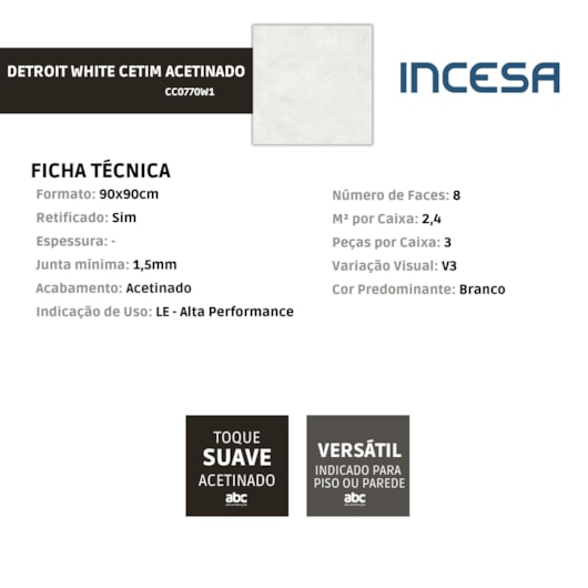 Porcelanato Incesa Detroit White Cetim 90x90cm Retificado - Imagem principal - b4a9e7b8-f18b-4019-a83f-aff89671630c