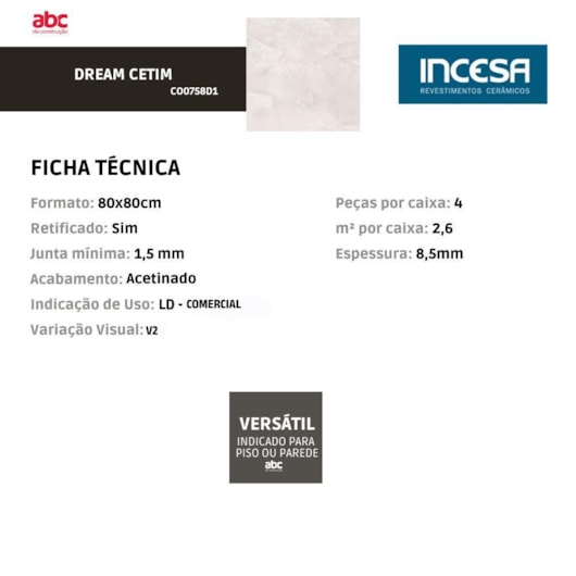 Porcelanato Incesa Dream Cetim 80x80cm Retificado - Imagem principal - 2c77165a-9e94-4e01-b725-50530a99fa85