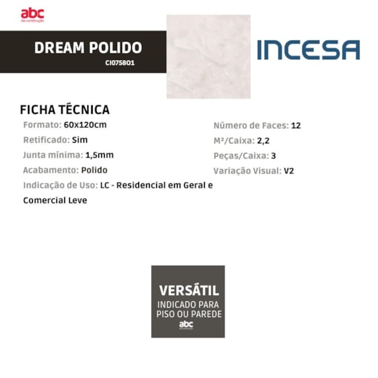 Porcelanato Incesa Dream Polido 60x120cm Retificado - Imagem principal - d2895084-98ab-4a18-b7f9-f64ab7434463