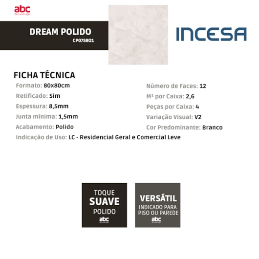 Incesa Porcelanato Incesa Dream Polido 80x80cm Retificado | ABC da Construção