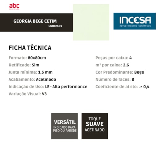 Porcelanato Incesa Georgia Bege Cetim 80x80cm Retificado - Imagem principal - a0cfefdb-9171-406c-9609-287124bb9ecc