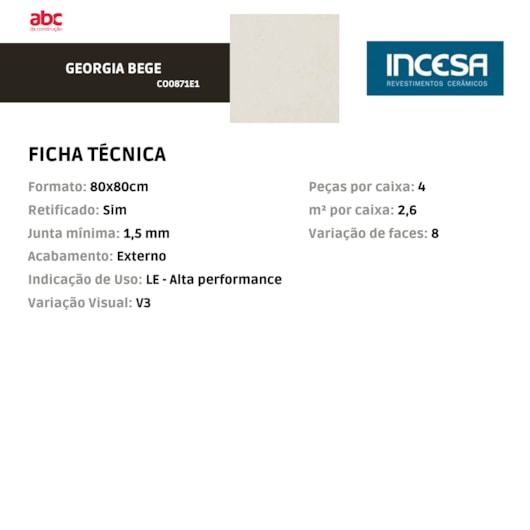 Porcelanato Incesa Georgia Bege Externo 80x80cm Retificado - Imagem principal - d60dd177-978b-4b31-96fd-390ea2093f12