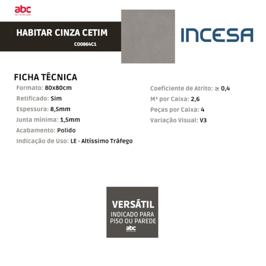 Porcelanato Incesa Habitar Cinza Cetim 80x80cm Retificado - Imagem principal - 7e4b2322-fe82-4692-8083-c6f0949a9ff8