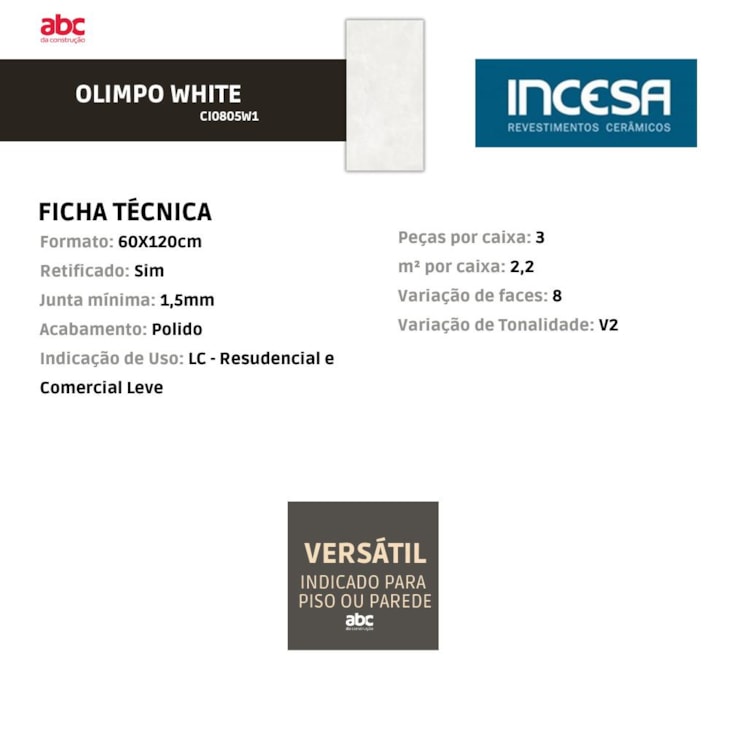Porcelanato Incesa Olimpo White Polido 60x120cm Retificado