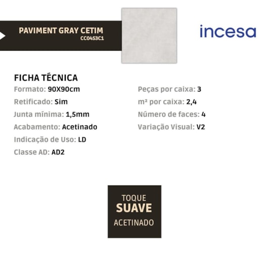 Porcelanato Incesa Paviment Gray Cetim 90x90cm Retificado - Imagem principal - 1ed40621-da1b-4d10-adcc-dfb107b4ef23