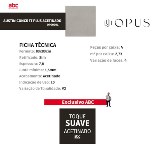 Porcelanato Opus Austin Acetinado Concret Plus 83x83cm Retificado - Imagem principal - 6d215a47-3974-4398-ac25-15bc4a2fb5fd
