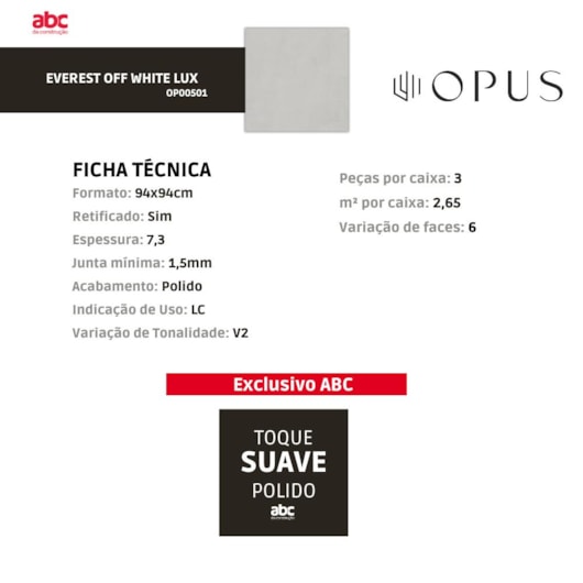 Porcelanato Opus Everest Off White Lux 94x94cm Retificado - Imagem principal - 8dc84e89-f1ac-4643-ad85-983ea7738974