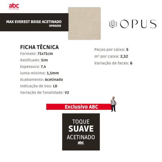 Porcelanato Opus Max Everest Acetinado Beige 71x71cm Retificado - Imagem principal - d48d955c-ccf5-48a2-8b6d-82cd3cc40d7e