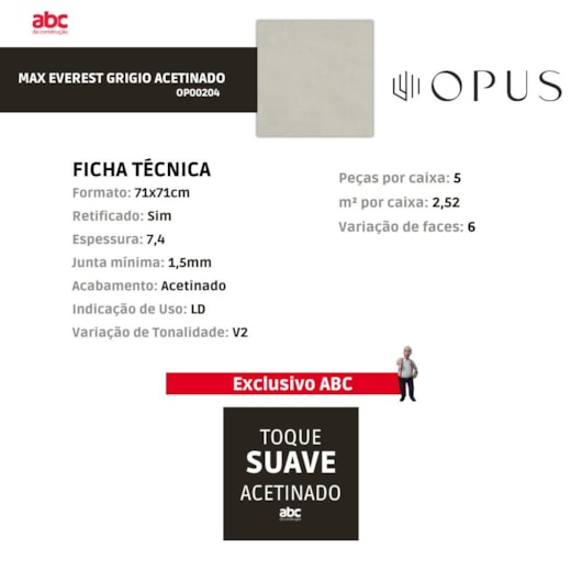 Porcelanato Opus Max Everest Acetinado Grigio 71x71cm Retificado - Imagem principal - 81eb740d-e864-46fa-86fe-3d11c977835b