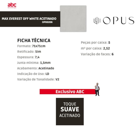 Porcelanato Opus Max Everest Acetinado Off White 71x71cm Retificado - Imagem principal - 7305fee0-1ac3-4ea4-a0ba-0bb4bf212d91