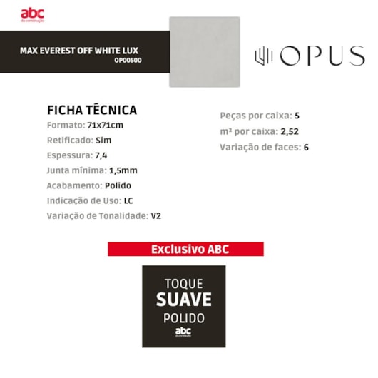 Porcelanato Opus Max Everest Lux Off White 71x71cm Retificado - Imagem principal - 322d170e-7317-4056-b84b-843877fd94ec
