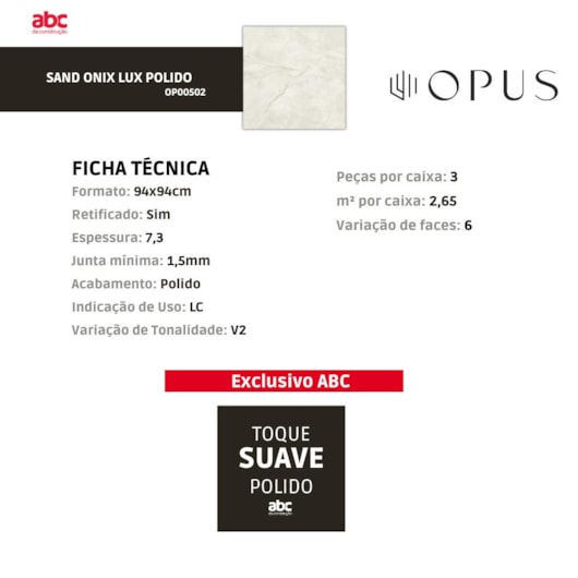 Porcelanato Opus Sand Onix Lux Polido 94x94cm Retificado - Imagem principal - a1aba23e-e258-489a-a478-8e4a0431a9ac