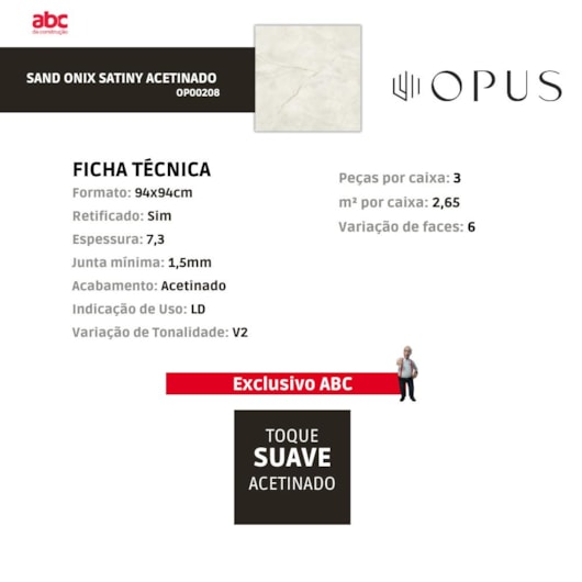 Porcelanato Opus Sand Onix Satiny Acetinado 94x94cm Retificado - Imagem principal - dfca7d5d-ba9c-48c4-868a-b76270062ca9