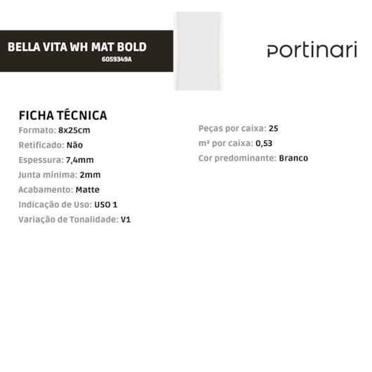 Porcelanato Portinari Bella Vita Wh Matte 8x25cm Bold - Imagem principal - 42f3dc00-60e1-4af2-90e8-7a9ff34f432d