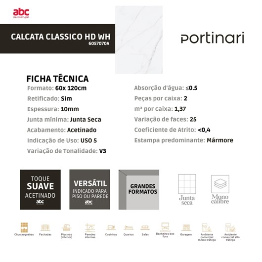 Porcelanato Portinari Calacata Classico Acetinado 60x120cm Branco Retificado  - Imagem principal - fc0aa00d-27b6-4595-9854-a383724a2682