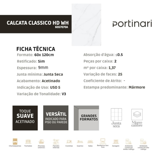 Porcelanato Portinari Calacata Classico Acetinado 60x120cm Branco Retificado  - Imagem principal - c050ae4c-0aa2-4fc6-a4b9-4745d26f9953