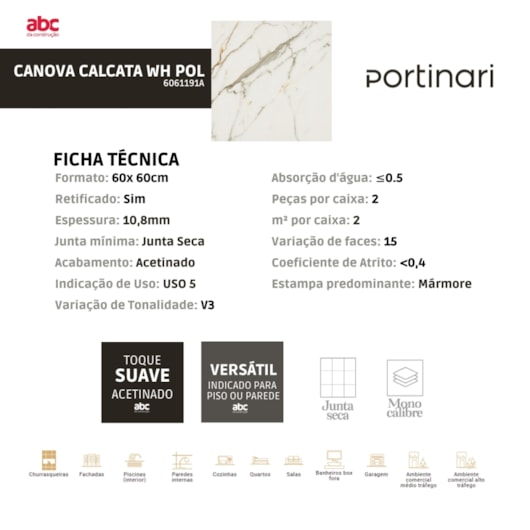 Porcelanato Portinari Canova Calacata Wh Polido 100x100cm Retificado - Imagem principal - 1d0072fb-244a-4ce7-9bd5-70648277def6